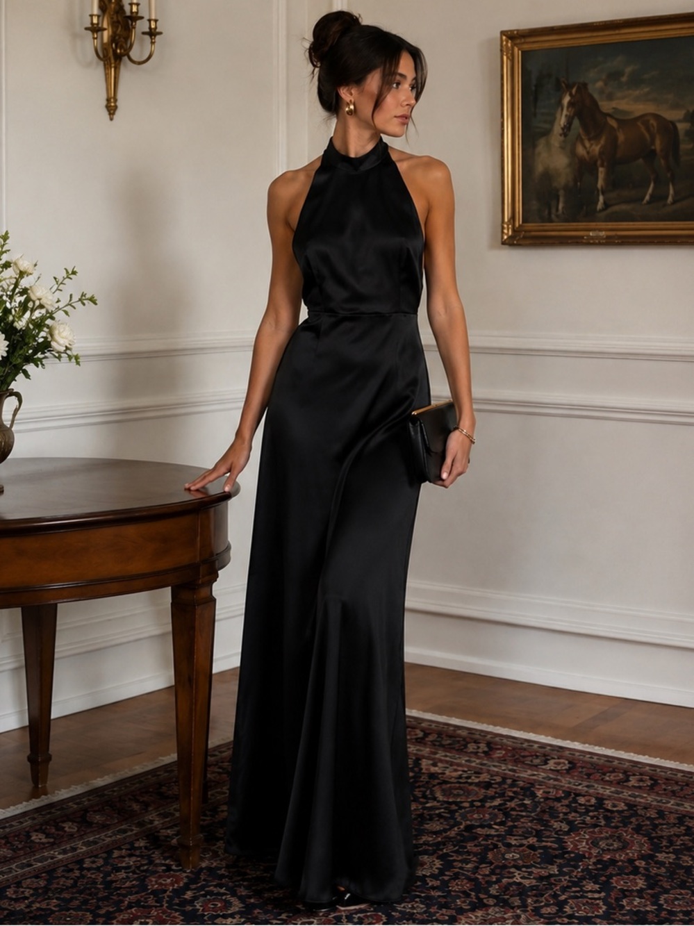 Joie Black Satin Halter Maxi Dress | Quiet Luxury